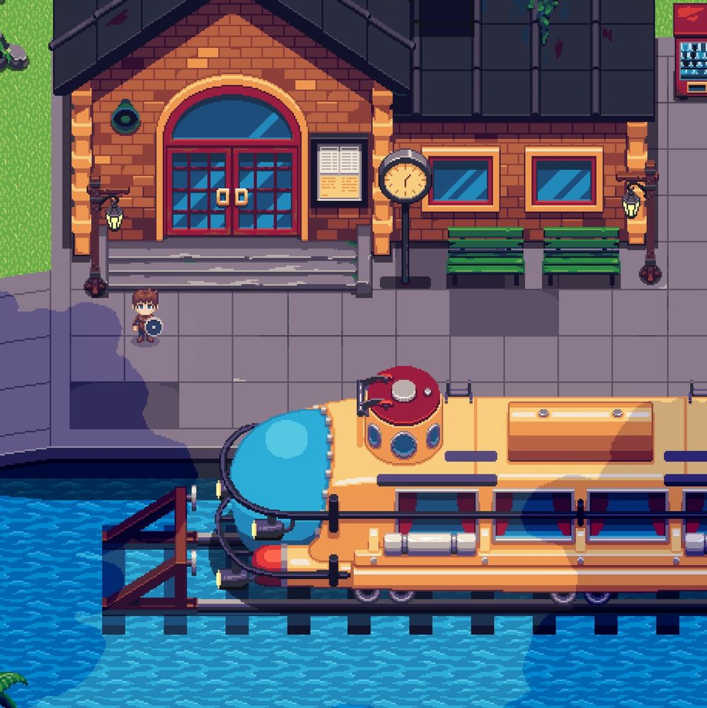 A pixel art picture of a train station, but the train is a crossover between a train and a submarine.