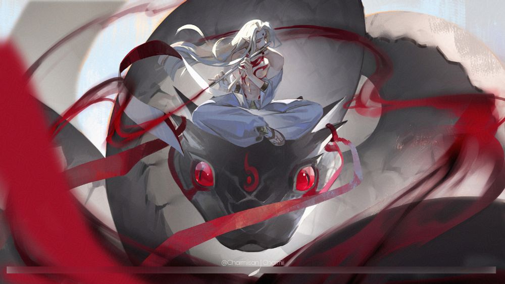 An illustration showcasing my OC Azarith summoning an elder snake with his flute. Red magical mist flows out from his flute while red tattoo's appear on his body.
