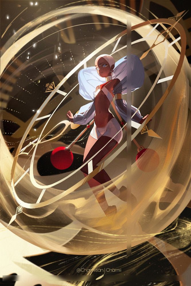 An illustration showcasing my OC Tyme casting her magic. She's surround by a sand-like mana sphere with gears and magical elements.