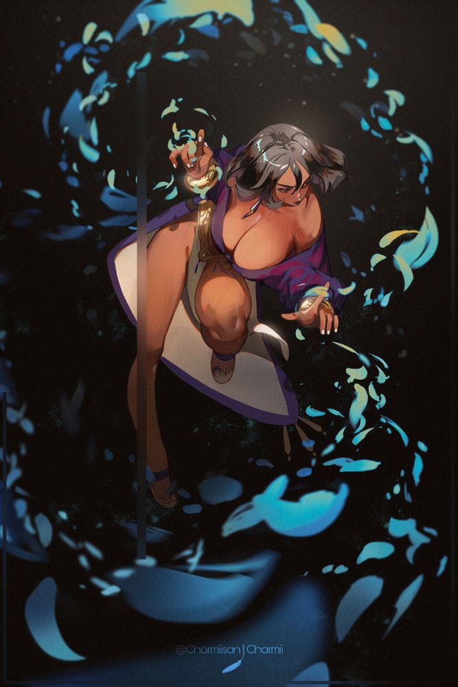 An illustration showcasing my OC emori weightless while blue/yellow petals spiral around her.