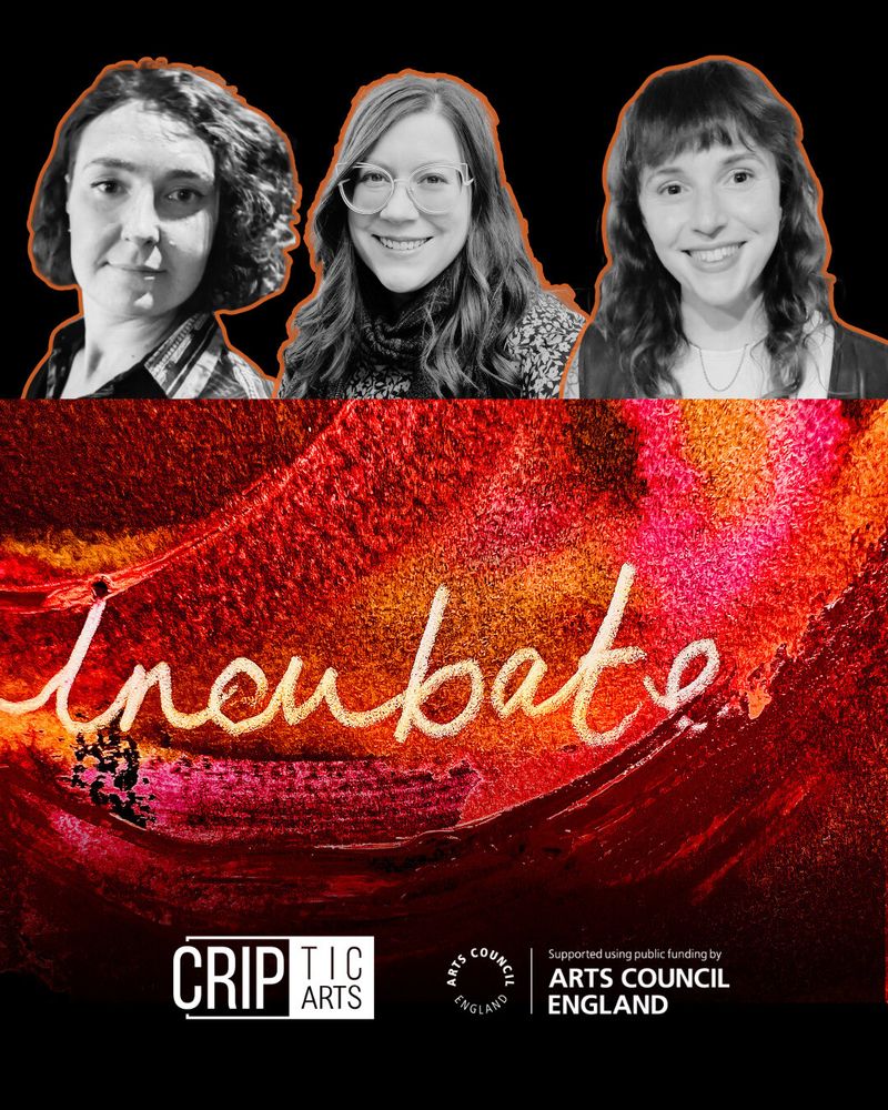 A collage of three people above a bold abstract artwork with a mix of reds, pinks and oranges, with white text reading "Incubate". At the bottom of the graphic are the CRIPtic and Arts Council England Logos