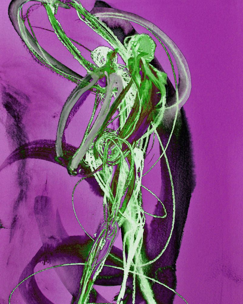 A bold abstract painting by Rachel Gadsden. Two abstract figures painted in vivid greens and deep purple lean into each other and swirl around with a sense of freedom and movement. They're painted against a vibrant purple backdrop with deeper purple brush strokes. 