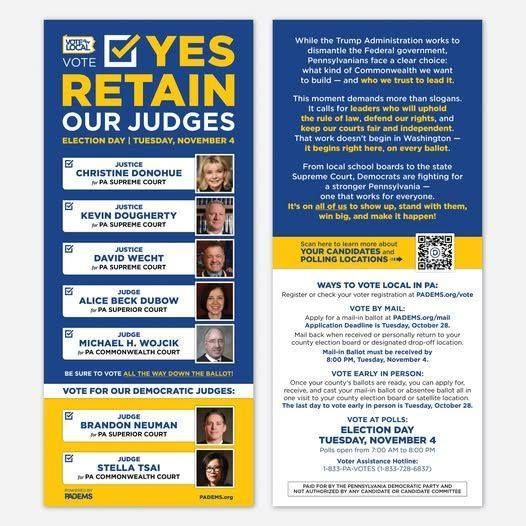 A flyer with instructions for voting "Yes" to retain PA justices.