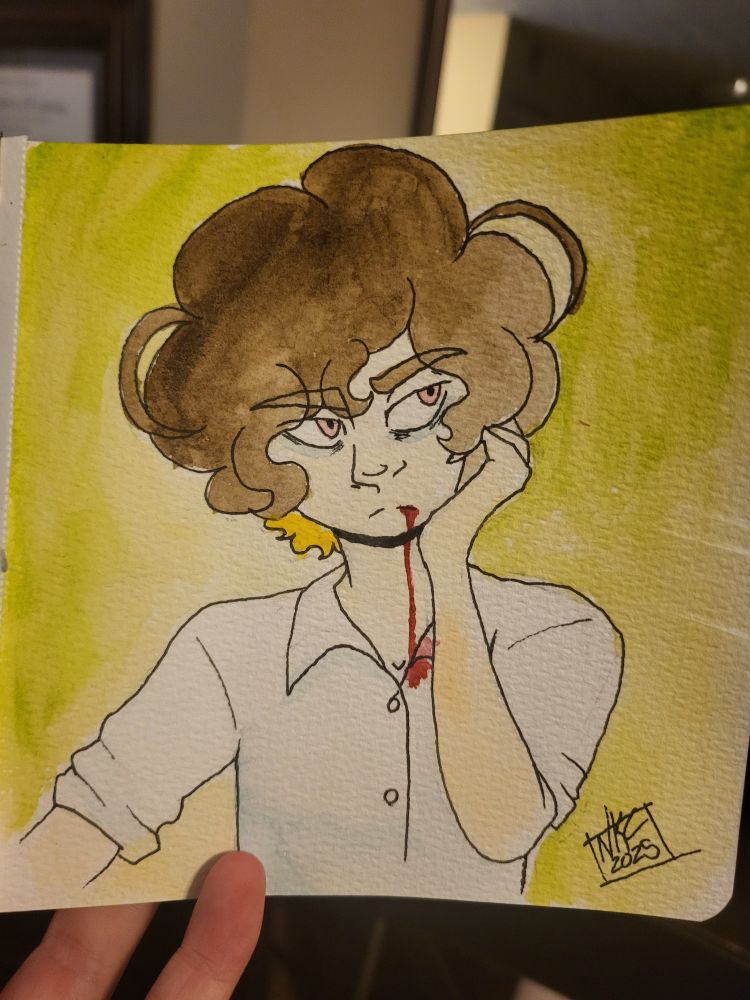 A watercolor portrait of a masc-presenting person looking off to the side. He winds his fingers through his curly, fluffy brown hair with yellow underneath. Blood drips from his lips and down his neck in a thin stream, staining the collar of his shirt. 