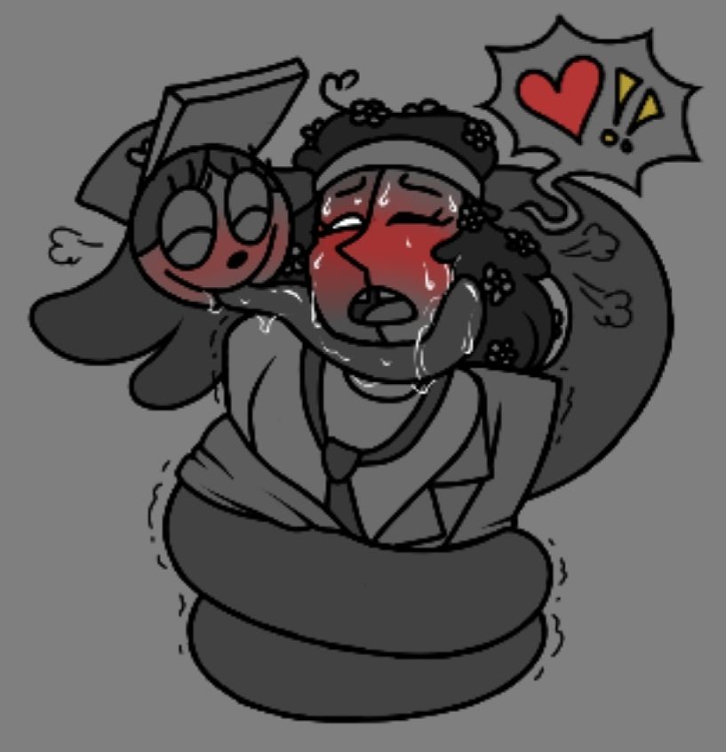 A waist-up drawing of Thespius slightly undressed, flustered, and sweaty with Inspekta curled around him like a snake, smiling and extending his tongue to curl around Thespius's chin.