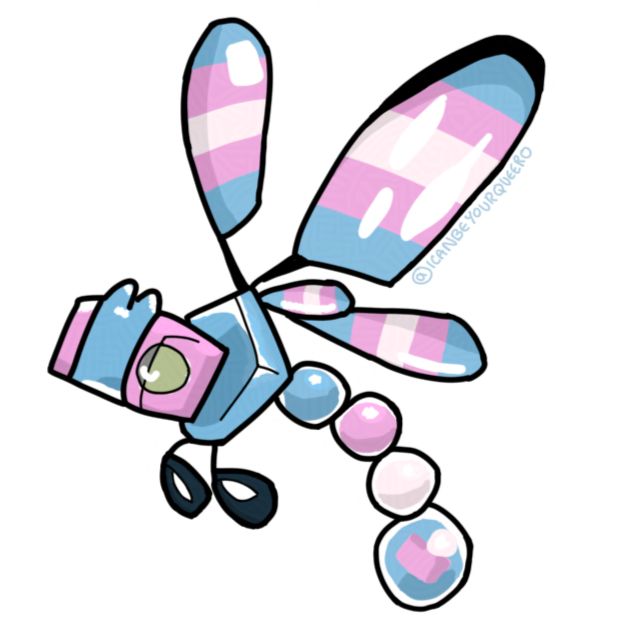 a drawing of the beastie Kaleidarn from Beastieball ("Their bodies are made from hard transluscent chitin. Depending on the arrangement of their cells, they refract light differently and can appear as vastly different colors." —Beastiepedia). The colour scheme is the trans pride flag, with each wing including the flag, and the body being made up of the colours in different parts. Queero's handle is by the largest wing and it has been glazed to avoid it being used in AI (you may notice a light pattern in some area due to this)