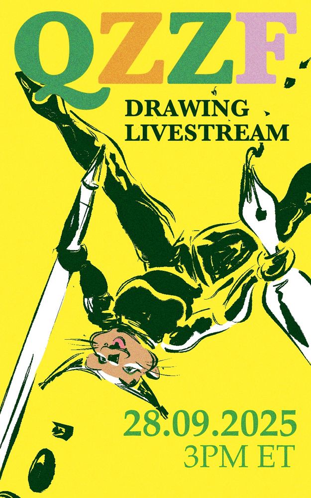 A poster for my live streaming event in which my mascot is holding a pen and a nib pen while jumping in the air and looking mischievously at the spectator. The poster contains the title of the event as well as the date (28/09/2025) and hour (3PM ET) of my event !