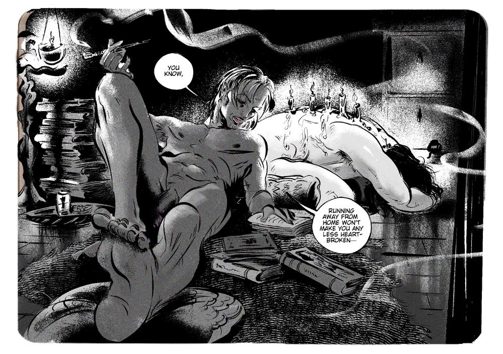 Storn is lounging on his fur rug reading comfortably, smoking his pipe. The book is lit by the candles on top of Carmin’s back, as a make shift chandelier of sort.