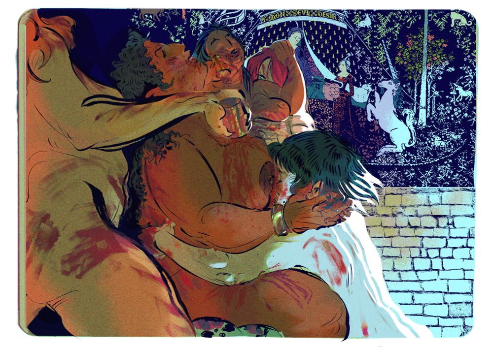 One of the sisters is pouring blood on Maria while Carmin is smothered between the latter’s breasts, licking all the blood & probably biting her. Everyone’s body is smeared in blood as well.  