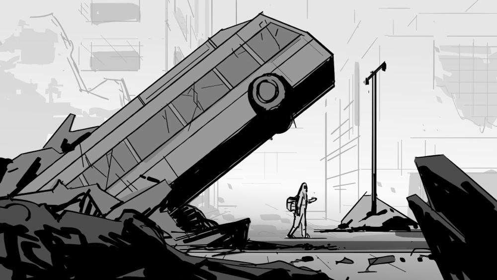 Drawing-- wide of a person in a hazmat suit walking through a ruined city street. There's a bus sticking out of the ground, as if it was thrown there with great force.