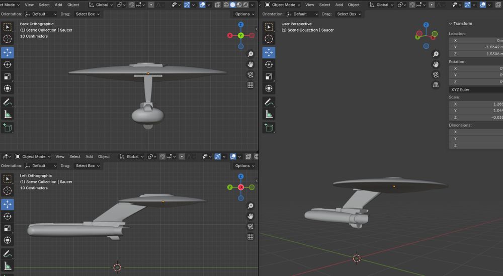 Work in Progress image of a Freedom Class Starship front ‘Startrek: The Next Generation’ in Blender.