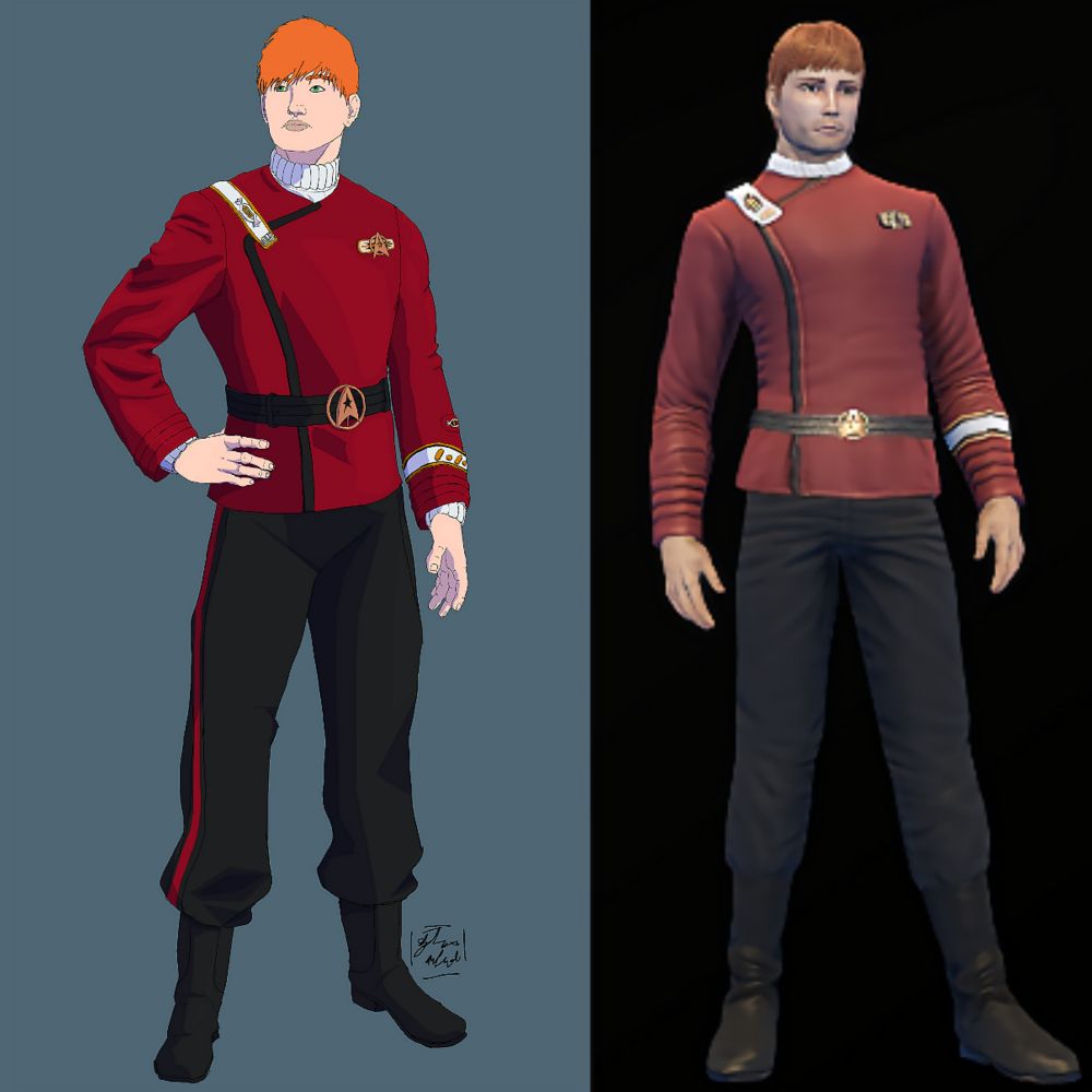 Drawing of my Star Trek: The Motion Picture era themed Tactical officer character from Start Trek Online. Wearing the Wrath of kahn to Undiscovered County styled Uniform otherwise known as the Monster Maroon. Done in Clip Studio Paint.

Next to it is the In game model of my Star Trek Online character wearing the same outfit. 