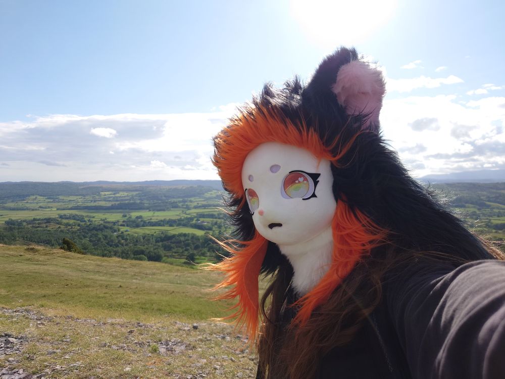 Me as an orange-and-black-haired catgirl, stood against a backdrop of green luscious landscape and blue skies. It's a selfie, so my arm is outstretched towards the camera.