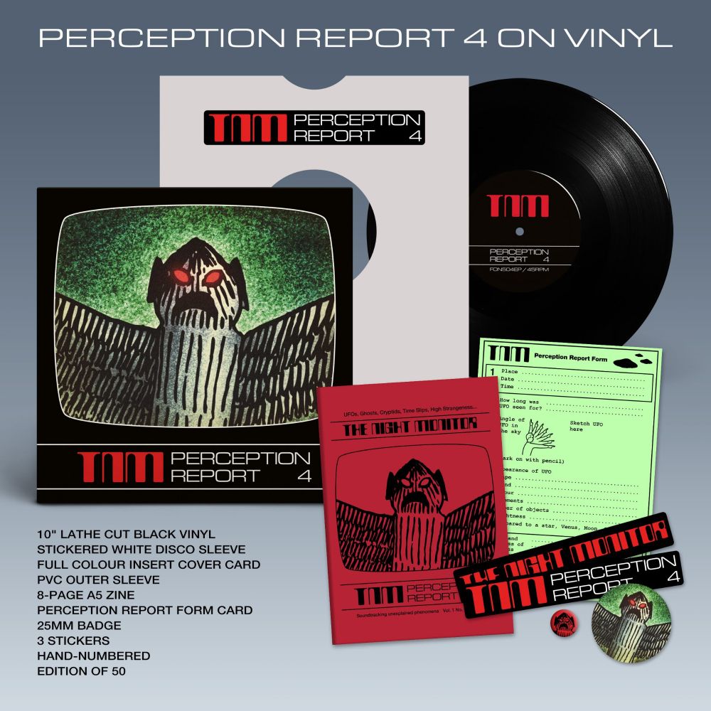 Mockup of record sleeve, record, zine badge and stickers featuring Owlman.

10" LATHE CUT BLACK VINYL

STICKERED WHITE DISCO SLEEVE

FULL COLOUR INSERT COVER CARD

PVC OUTER SLEEVE

8-PAGE A5 ZINE

REROS REPORT

PERCEPTION REPORT FORM CARD

25MM BADGE

3 STICKERS

HAND-NUMBERED EDITION OF 50