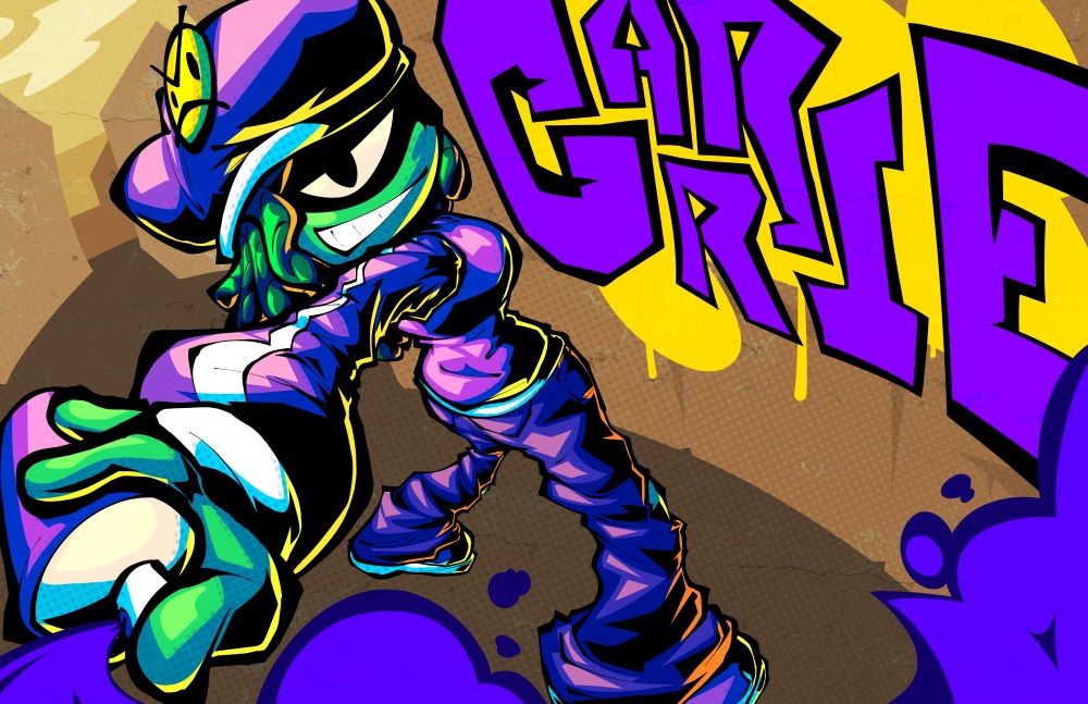 Illustration of Carrie, an OC belonging to the artist Deedge! She's a hip-looking green girl wearing a purple hoodie, jeans, and a beanie with a button of the Newgrounds "Angry Faic" on it, depicted here tagging her name onto a wall.