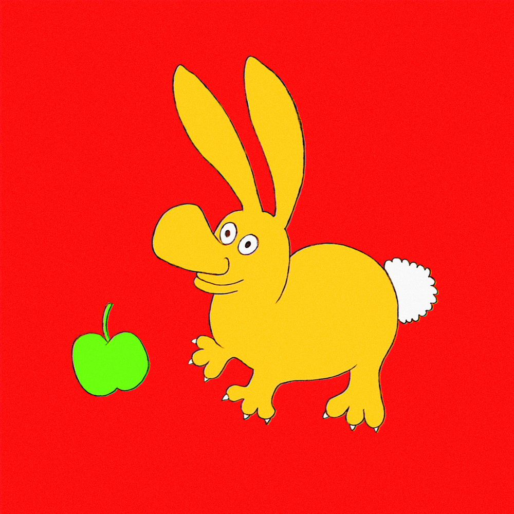 Drawing of a yellow rabbit with a human hose, standing next to a green apple. Background is plain red.