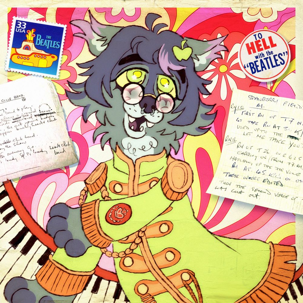 Digital drawing of an anthro binturong, wearing John Lennon's iconic green Sgt. Pepper outfit. She has green eyes, a septum piercing, and a green apple hair clip. She is posing in front of a colourful, psychedelic background. Some Beatles memorabilia covers the picture, such as a "To hell with the Beatles" pin, a Yellow Submarine post stamp, and a few paper notes with lyrics written by the Beatles themselves.