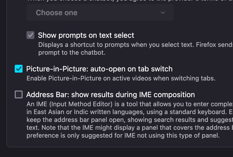 Picture of firefox settings with 'Picture-in-Picture: auto-open on tab switch' enabled