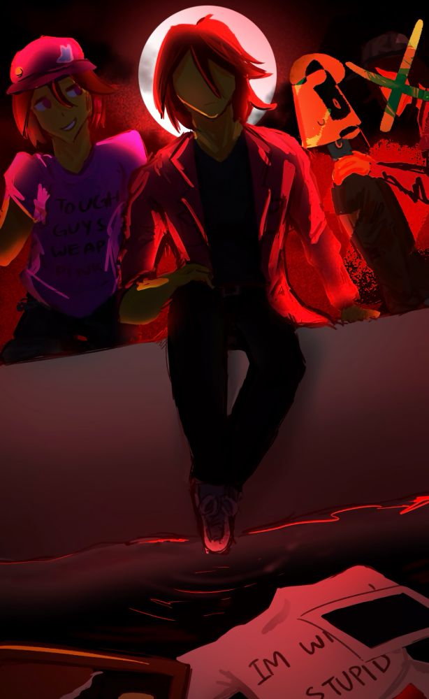 Alt text: Kasper sitting in the middle, to his left is him and Lampert his own face crossed out and a question mark on Lampert’s, to his right is Infected. On the floor is a broken photo frame and a T-shirt. The sky is bloody red.