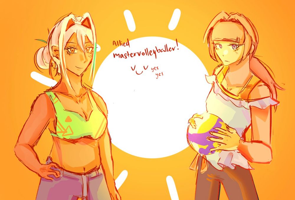 (Fan-designed) Sam gijinka on the left and Stat holding a volleyball on the right. Both in their summer outfits 