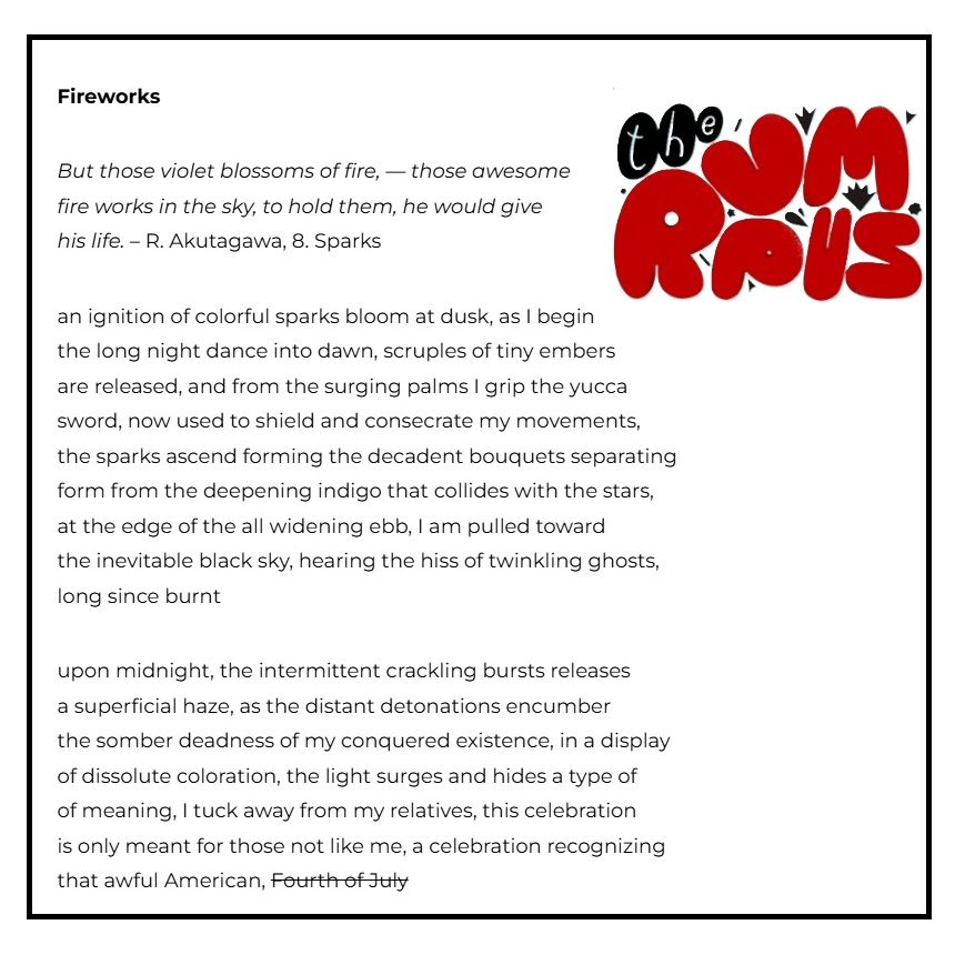 The image is of a poem called Number 8, Fireworks. from Crisosto's poetry book Ghostword.