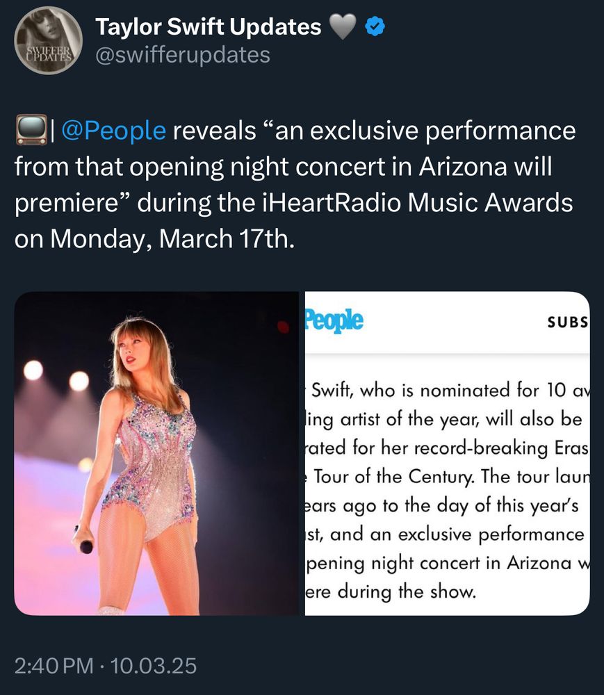 People reveals "an exclusive performance from that opening night concert in Arizona will premiere" during the iHeartRadio Music Awards on Monday, March 17th.