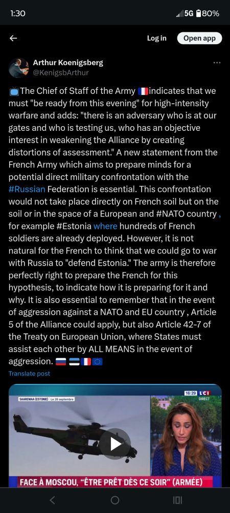 
Arthur Koenigsberg
@KenigsbArthur
📺The Chief of Staff of the Army 🇫🇷indicates that we must "be ready from this evening" for high-intensity warfare and adds: "there is an adversary who is at our gates and who is testing us, who has an objective interest in weakening the Alliance by creating distortions of assessment." A new statement from the French Army which aims to prepare minds for a potential direct military confrontation with the #Russian Federation is essential. This confrontation would not take place directly on French soil but on the soil or in the space of a European and #NATO country , for example #Estonia where hundreds of French soldiers are already deployed. However, it is not natural for the French to think that we could go to war with Russia to "defend Estonia." The army is therefore perfectly right to prepare the French for this hypothesis, to indicate how it is preparing for it and why. It is also essential to remember that in the event of aggression against a NATO and EU country , Article 5 of the Alliance could apply, but also Article 42-7 of the Treaty on European Union, where States must assist each other by ALL MEANS in the event of aggression. 🇷🇺 🇪🇪🇫🇷🇪🇺

Translate post

3:22 AM · Sep 30, 2025
