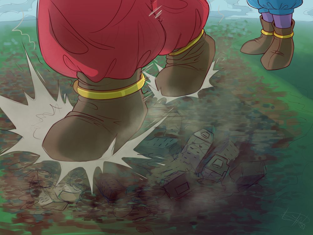 Champa stomping down on a destroyed town, as Beerus watches from afar.