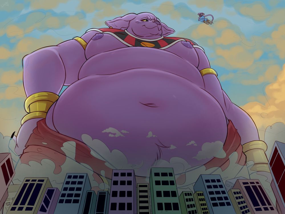 Champa looming proudly over a town, as Beerus floats near him and scolds Champa for using his power in such a way.
