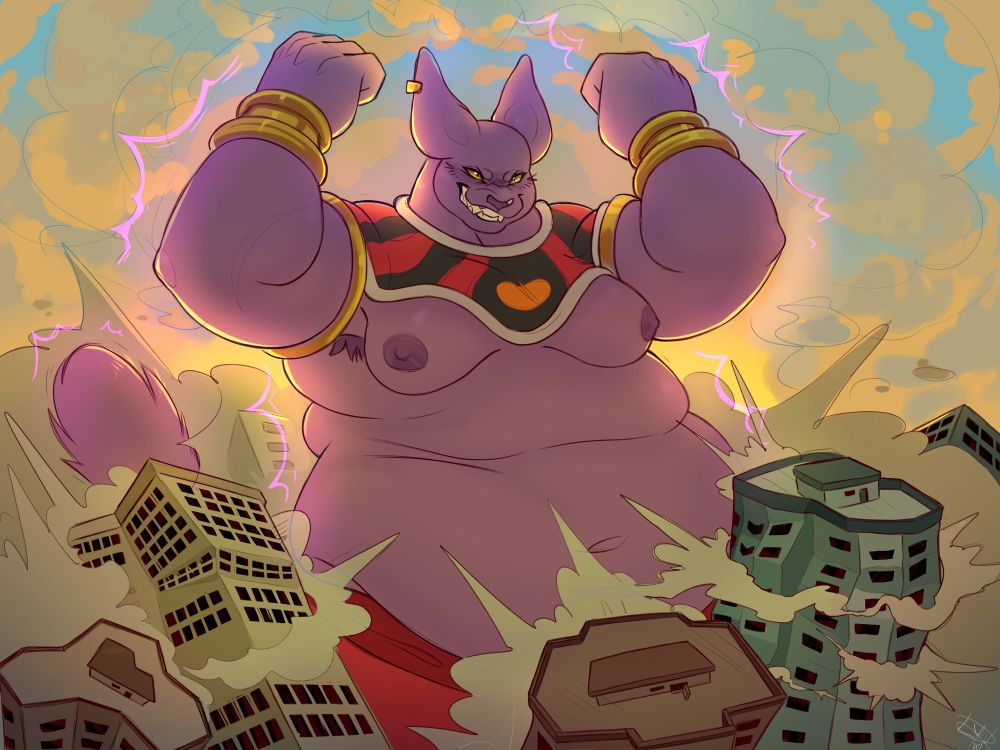 Champa flexing his arms in the middle of a city as he grows, breaking a few buildings with his body in the process.