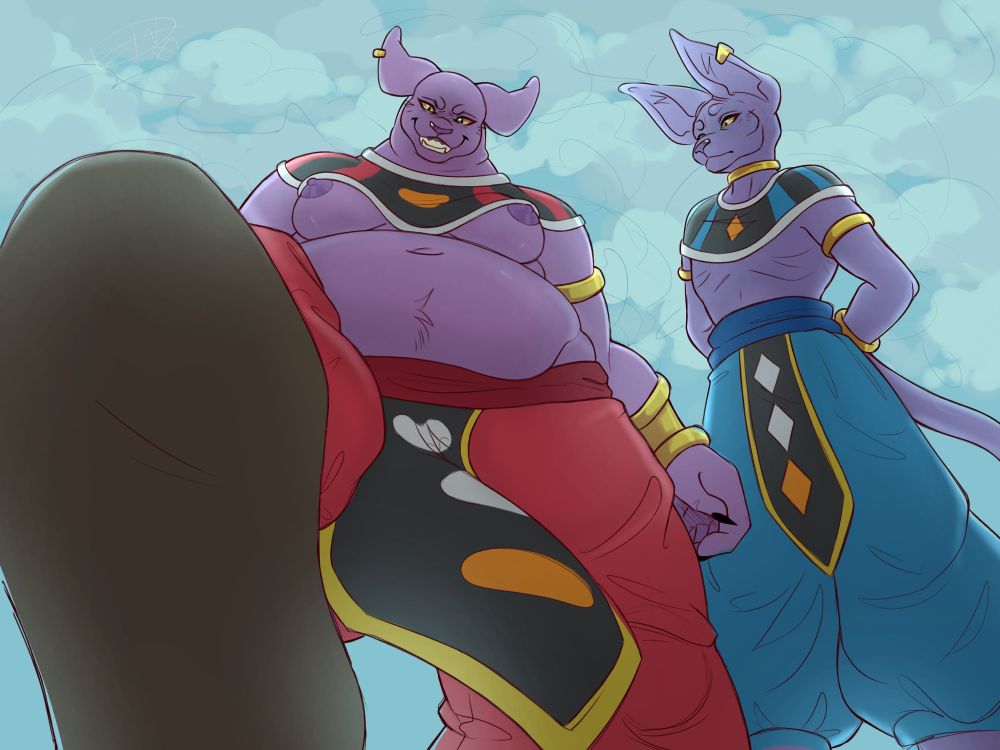 Champa and Beerus looming side by side, as Champa looms his foot over the helpless victims below.