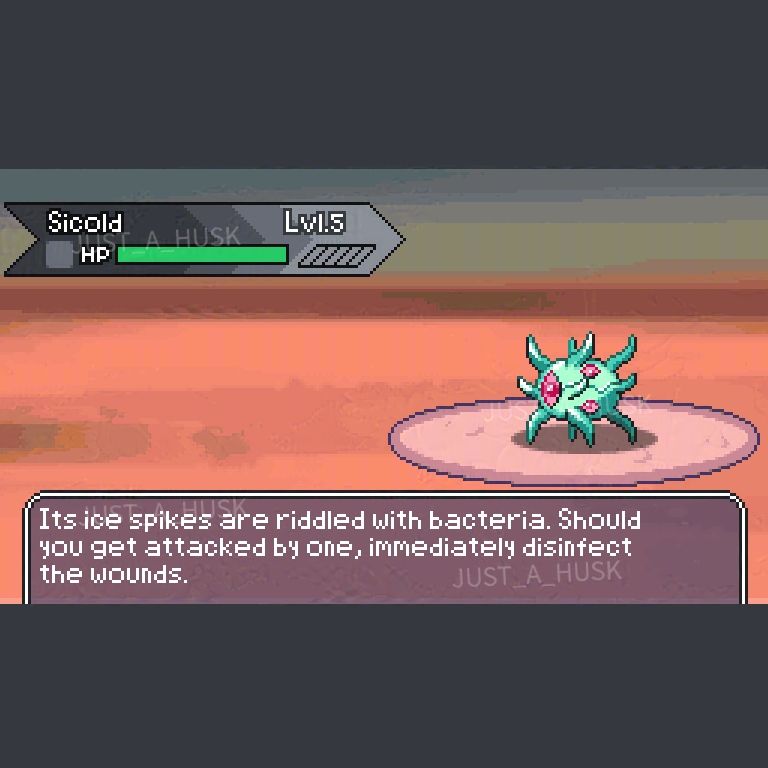 Pixel art of a pill-shaped creature of a cyan color, with a body made of ice. The ice spikes jutting outward are a darker shade than the main body. It has a main, large red eye on the front, and symmetrically posed smaller eyes on its sides. There are 4 spikes on top of it and 4 spikes underneath it, all 8 functioning as legs. There are also 4 smaller spikes pointing upward on its sides, connected by a black ridge that goes all the way around the creature's body. This is its mouth.
The dex entry reads "Its ice spikes are riddled with bacteria. Should you get attacked by one, immediately disingect the wounds."