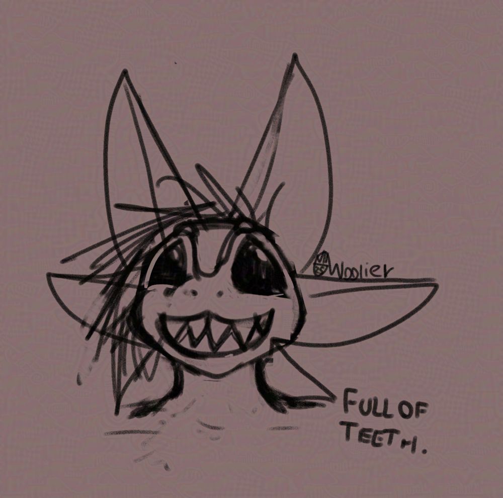 An avali is drawn from the neck up with a terrifyingly sharp but incredibly sweet and happy smile, wide as the distance between one outer end of one eye to the other. the teeth are wide, triangular and sharp, and an arrow correctly points out that the bird is "Full of teeth."