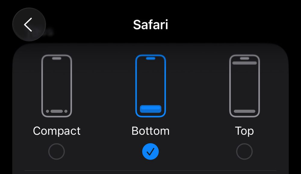 Screenshot of iOS settings showing Safari address bar placement options. 