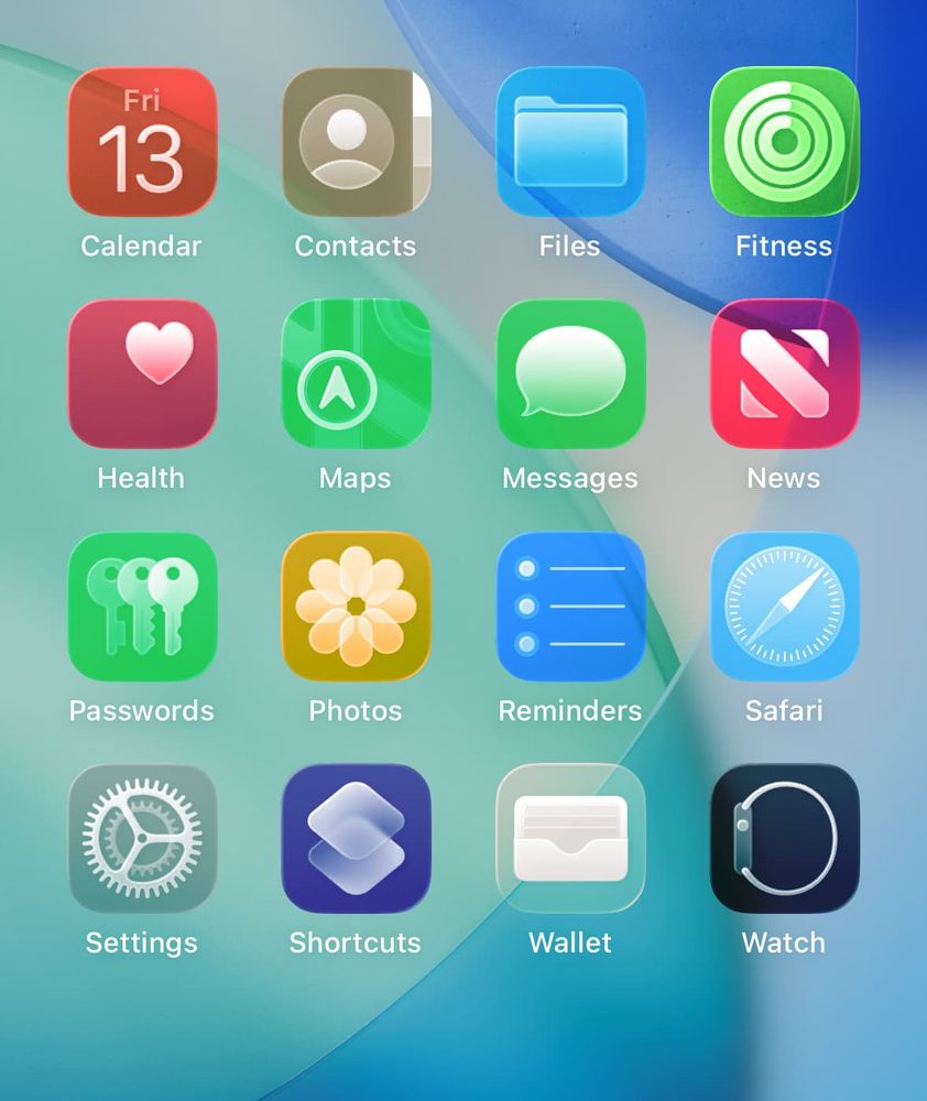 A screenshot & mockup of coloured app icons on iOS. 
Calendar is red, Contacts is brown, Files is cyan, Fitness is light green, Health is pink, Maps is green, Messages is green, News is pink, Passwords is green, Photos is orange, Reminders is violet, Safari is cyan, Settings is grey, Shortcuts is purple, Wallet is off-white, Watch is black.
