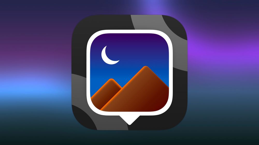 The same iOS app icon as before, but in dark mode. The background map colours are muted and grey. The square map pin image shows a night sky, a crescent moon and darker mountains.