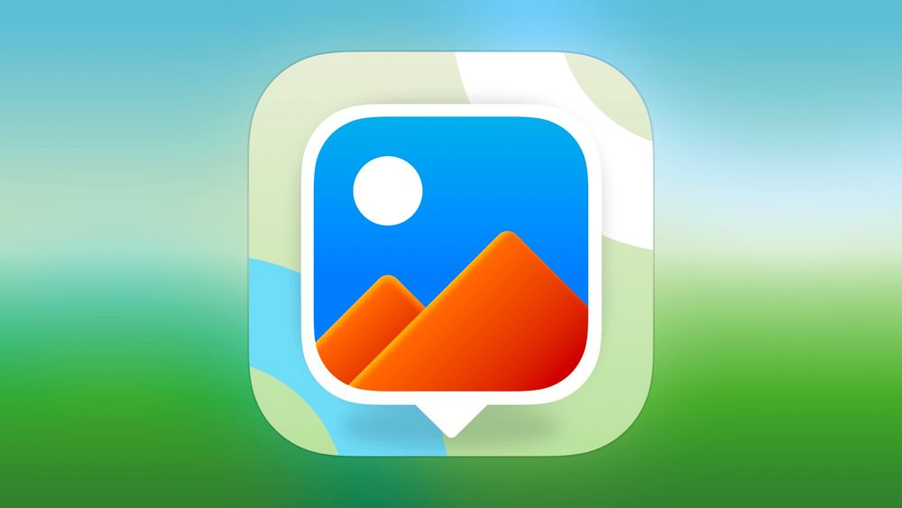 An iOS app icon. The background part of it shows colours that are similar to a map's colours, showing a road and a river. The foreground is a square map pin with an image in it. The image is similar to what is often depicted as a default image: A sun in the sky above two mountains.