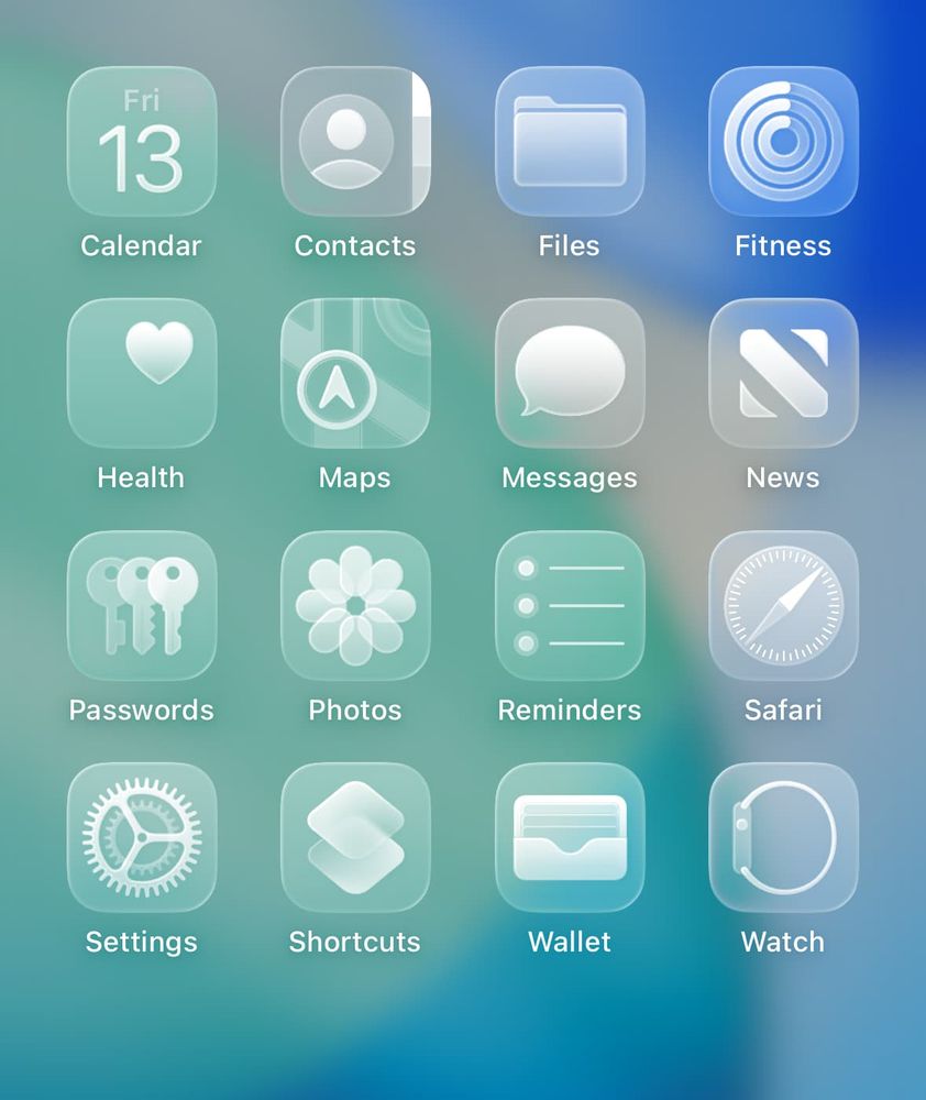 A screenshot of clear app icons on iOS. 
All icons are clear.