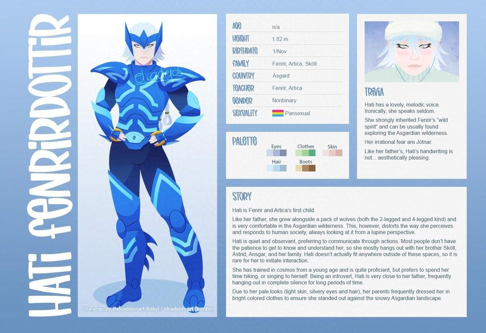 A character sheet of my creation for the Saint Seiya universe: Hati. The sheet contains some basic data like her birthdate and family, some backstory, and two drawings
