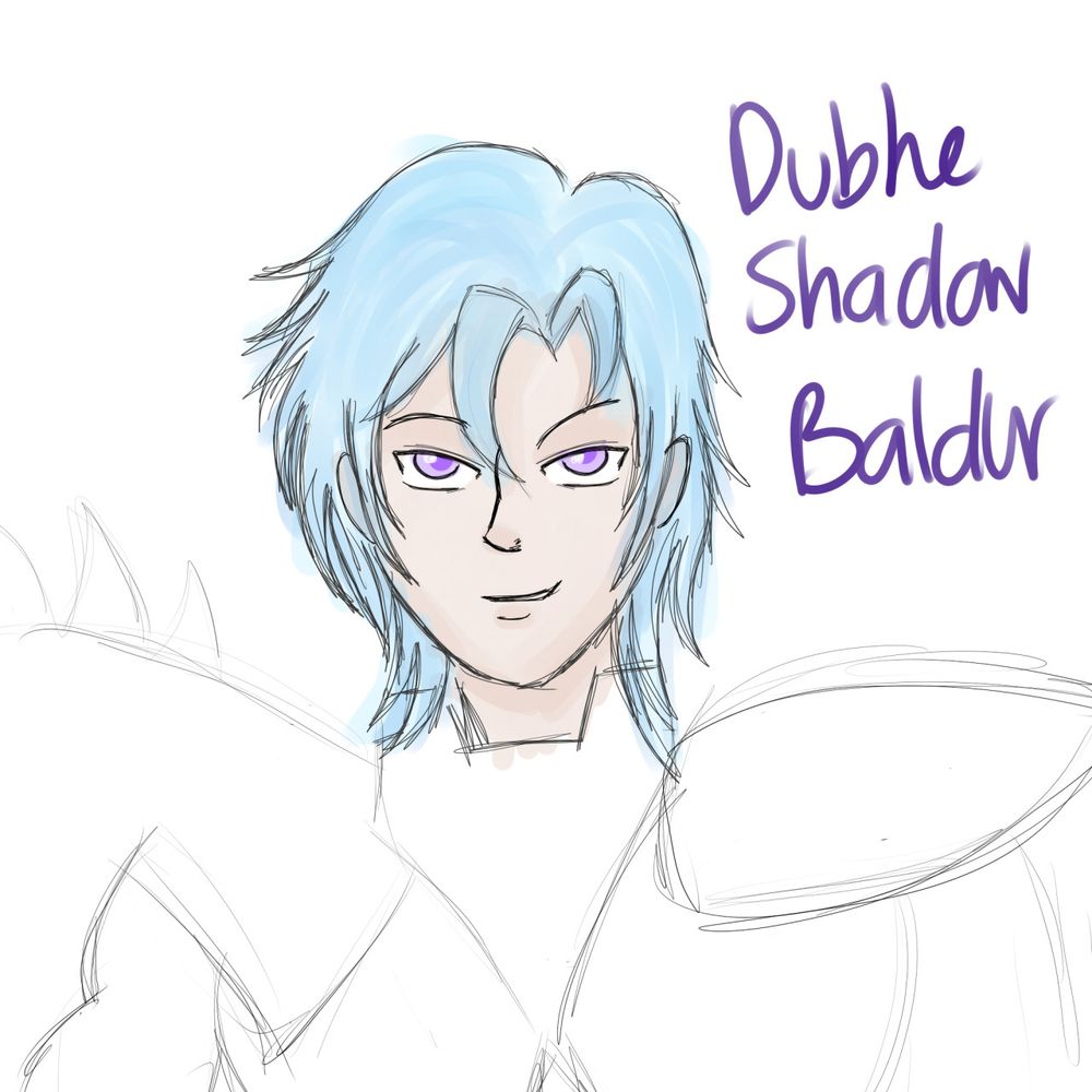 A rough sketch of a young man with blue hair and purple eyes wearing the Dubhe Alpha god robe, from Saint Seiya, but in white