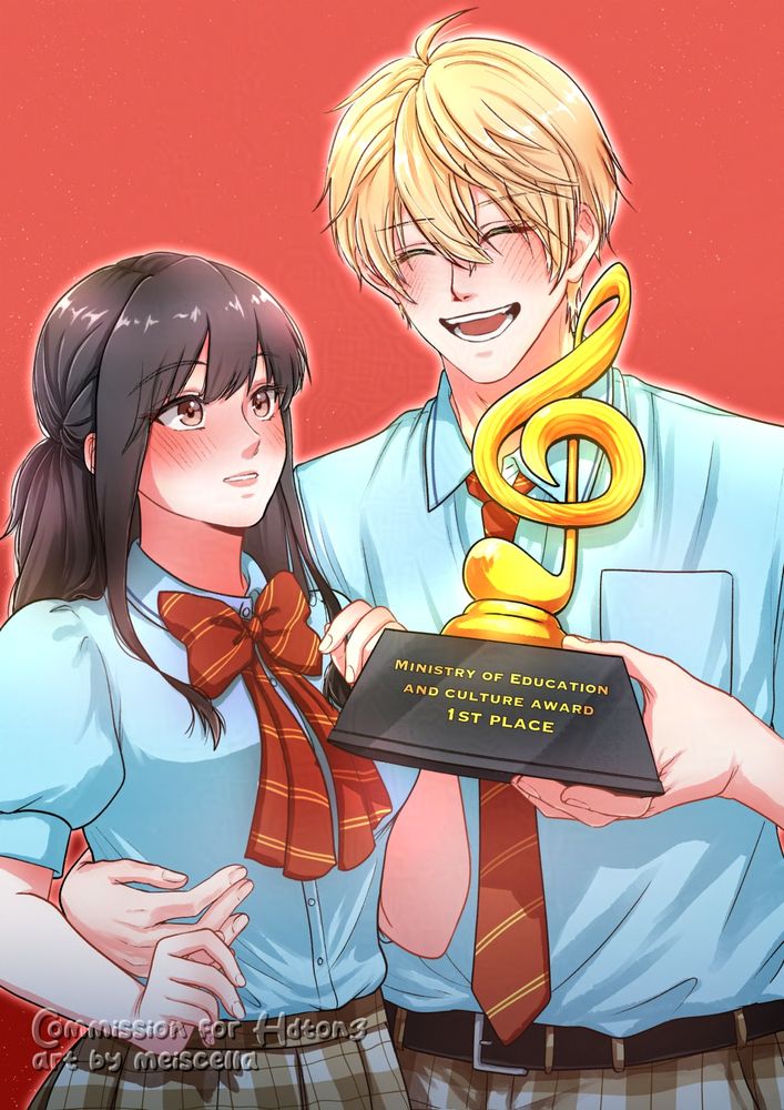 Chika holding Satowa close, very happy while holding a trophy