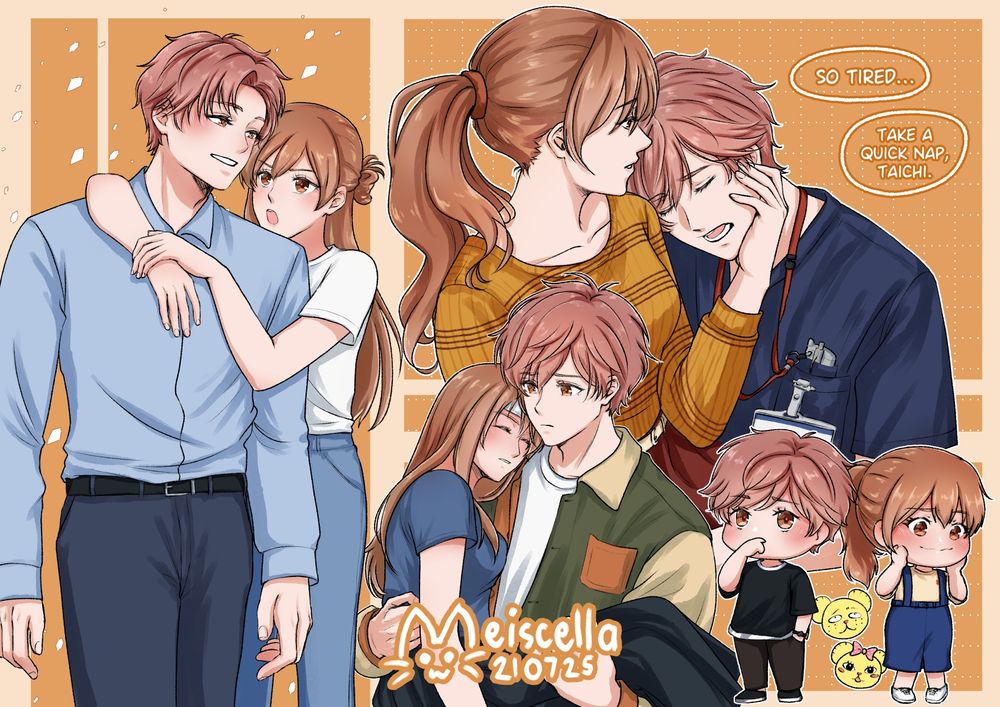 sketch page of Chihayafuru's Taichi and Chihaya
left: Chihaya hugging Taichi from his left backside
top right: Taichi leaning on Chihaya's shoulder; Taichi says, "I'm tired". Chihaya says, "Take a quick nap, Taichi".
center bottom: Taichi carrying a sick Chihaya
right bottom: chibi Taichi and Chihaya facing away from each other and blushing, between them are daddy bear and mammy bear chibi heads