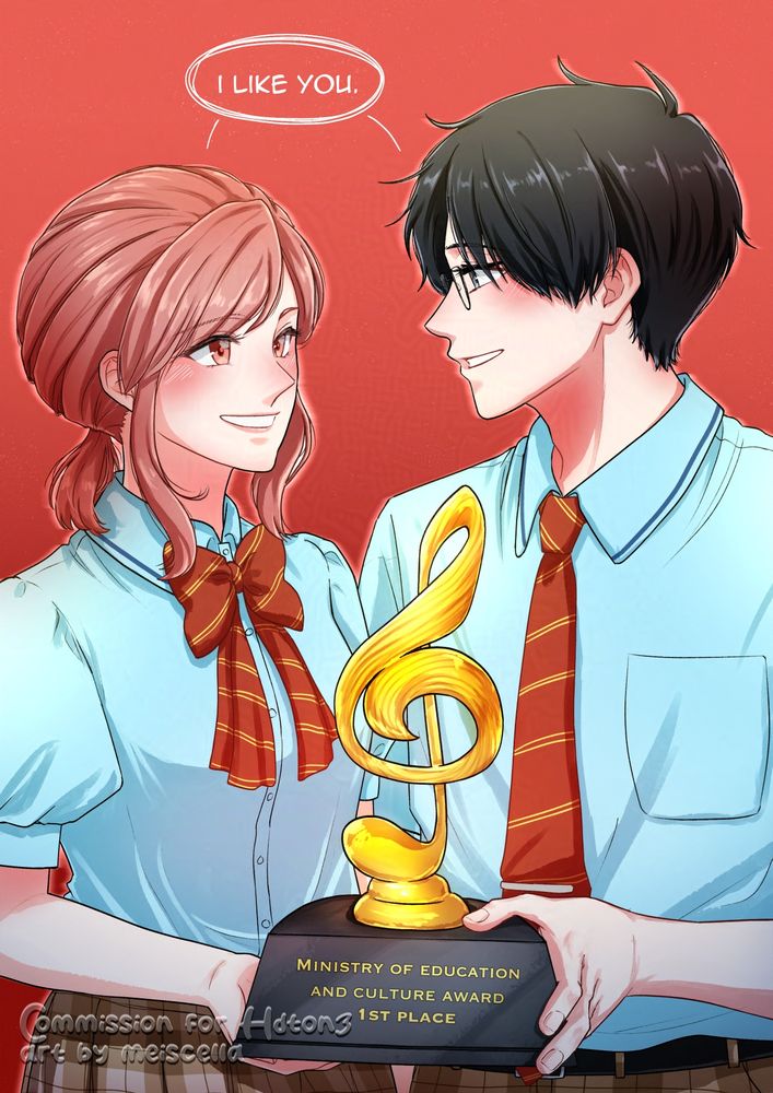 Hiro and Takezou holding a trophy, saying "I like you" to each other