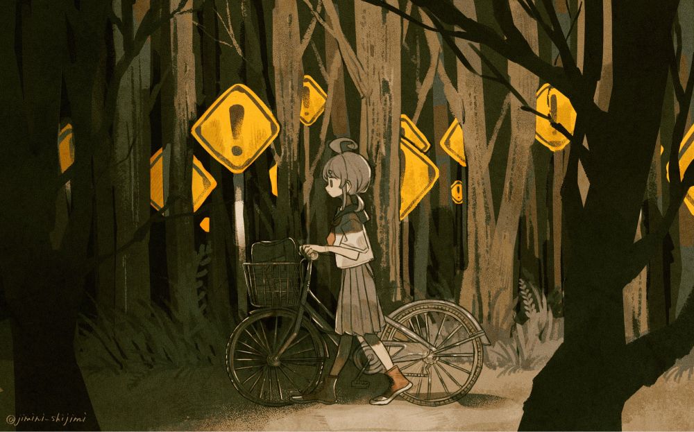 最近森林を見る機会があって描きたいと思い制作しました。
森が深くなっていくにつれ木が暗闇に溶け込んでいく感じがお気に入りです。
一方で看板は森が深くなっても暗くせずにそのままの色を保って描きました。森の中に乱立している看板の不気味さを出せたかなと思います。