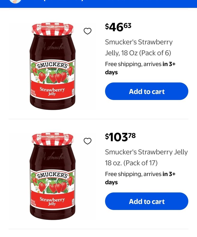 Two images of strawberry jelly, Smucker's brand. One of them is listed for $46.63 for a pack of 6, and another is $103.78 for a pack of 17.