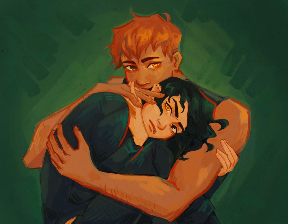 fanart of gideon and harrow from the locked tomb. they're holding each other with their fingers interlaced and staring at the viewer. each has one black eye and one gold eye. they're painted with gold/orange undertones on a green background.