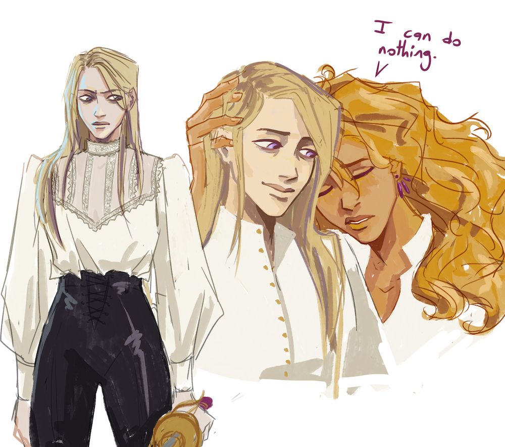 fanart of ianthe & coronabeth tridentarius from the locked tomb. left side: ianthe in a frilly white blouse and leather pants holding her rapier and looking frustrated (no bone arm yet). right: corona leaning her head on ianthe's shoulder with her fingers in her hair, saying "i can do nothing." ianthe is looking uncharacteristically tender. 