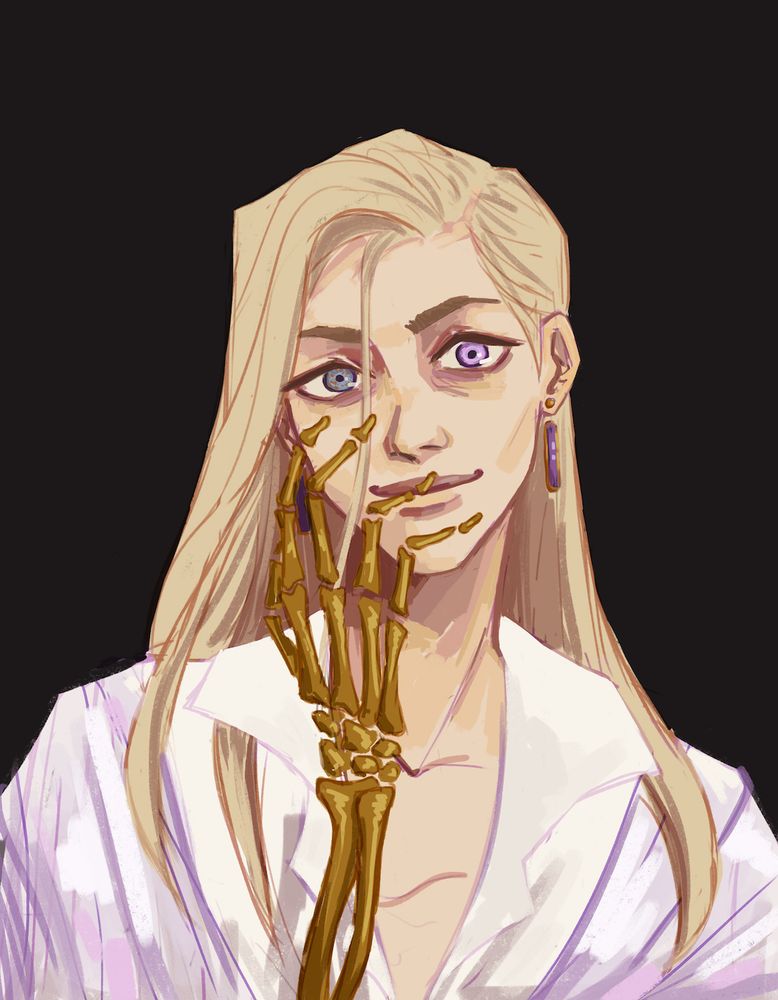 fanart of ianthe tridentarius from the locked tomb. she's wearing an open white shirt and touching her face with her bone arm. one eye is purple and the other is mottled brown and blue. she's smiling like some kind of overfamiliar creep.