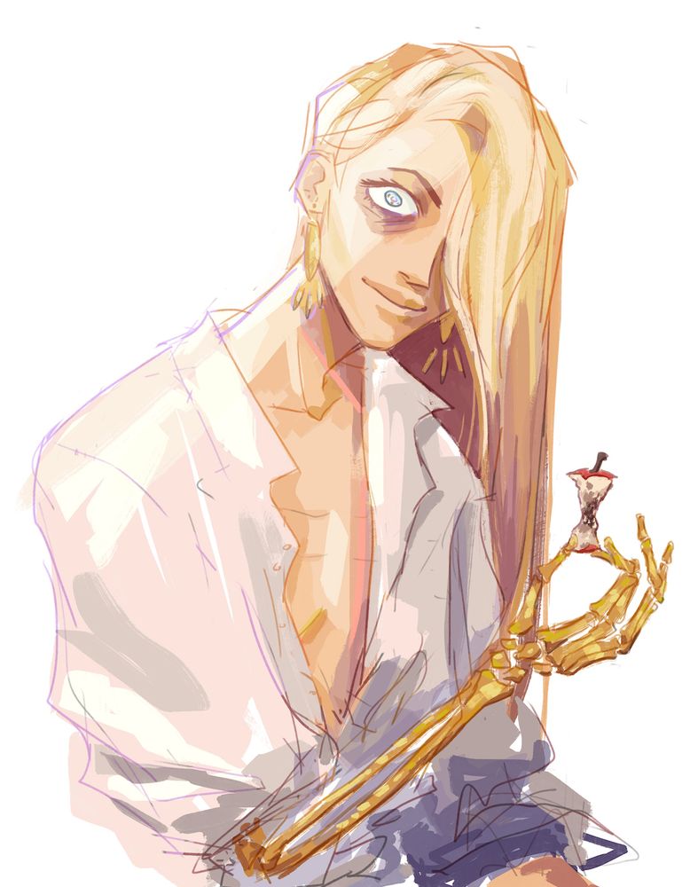 fanart of ianthe tridentarius from the locked tomb. she's staring at the viewer with one visible wide eye and holding a rotting apple core in her golden skeleton hand. her white shirt is open.