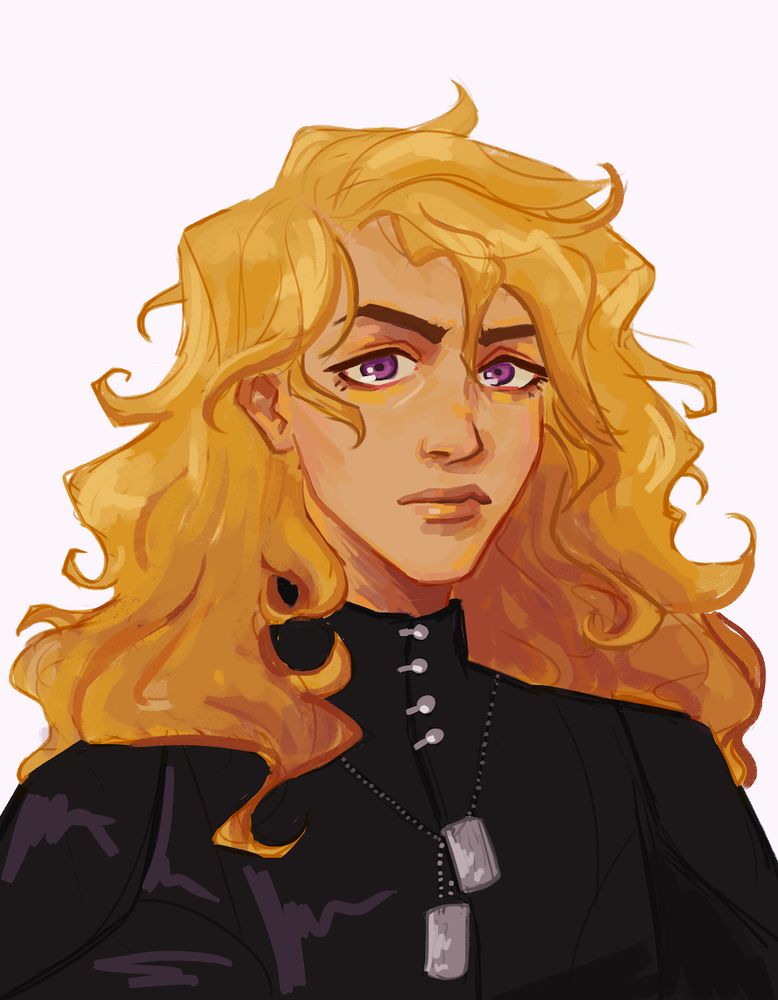 fanart of coronabeth tridentarius from the locked tomb. she's wearing a black uniform-type jacket buttoned all the way up and she has dog tags around her neck. her expression is serious and a little unstable.